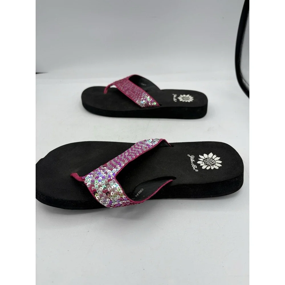 Yellow‎ Box Sandals Womens Size 7.5 Chiles Sequin Pink Bla Thong Slide Flip Flop